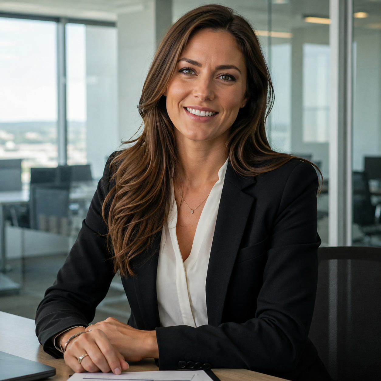 A professional in a black blazer at an office desk