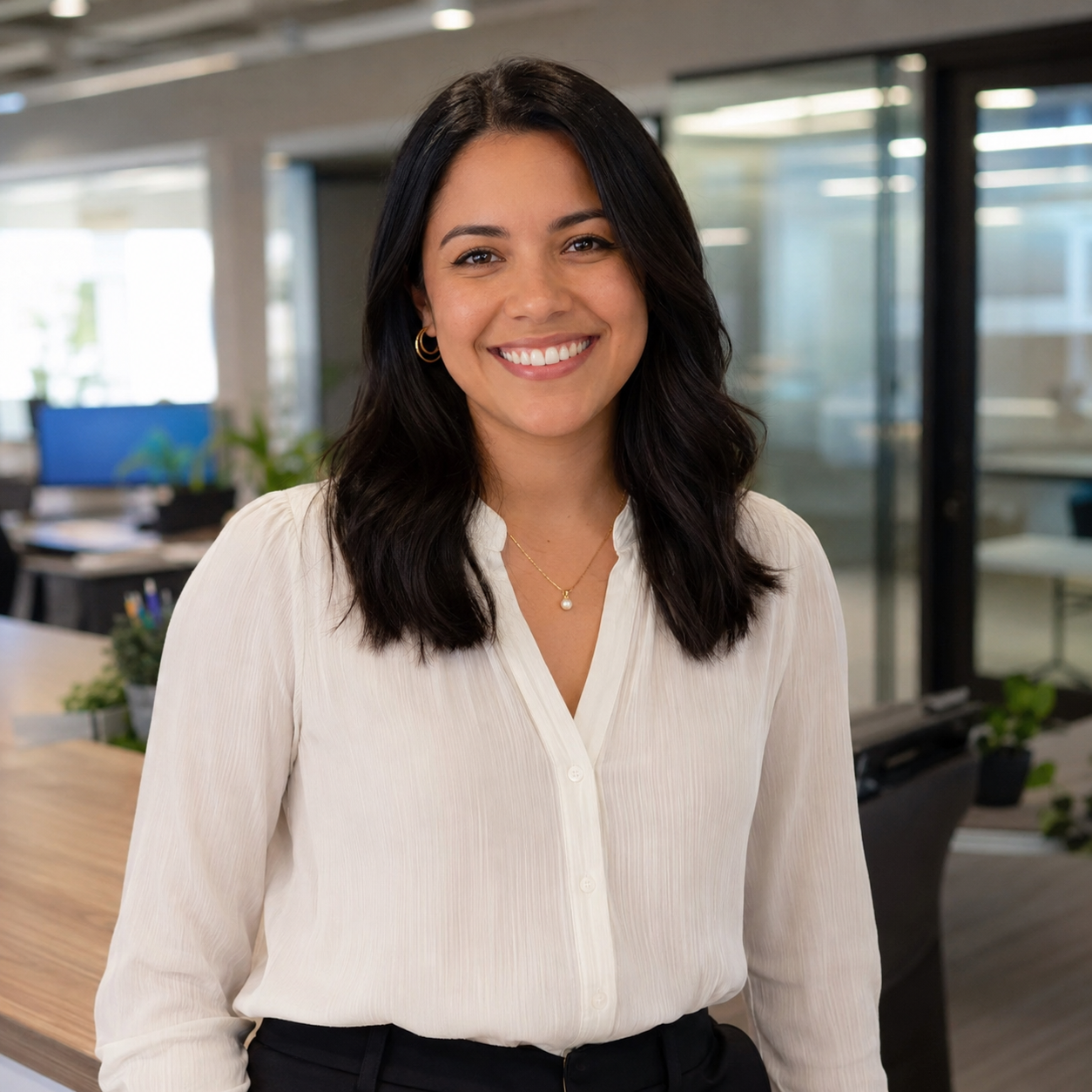 A smiling recent graduate in an office